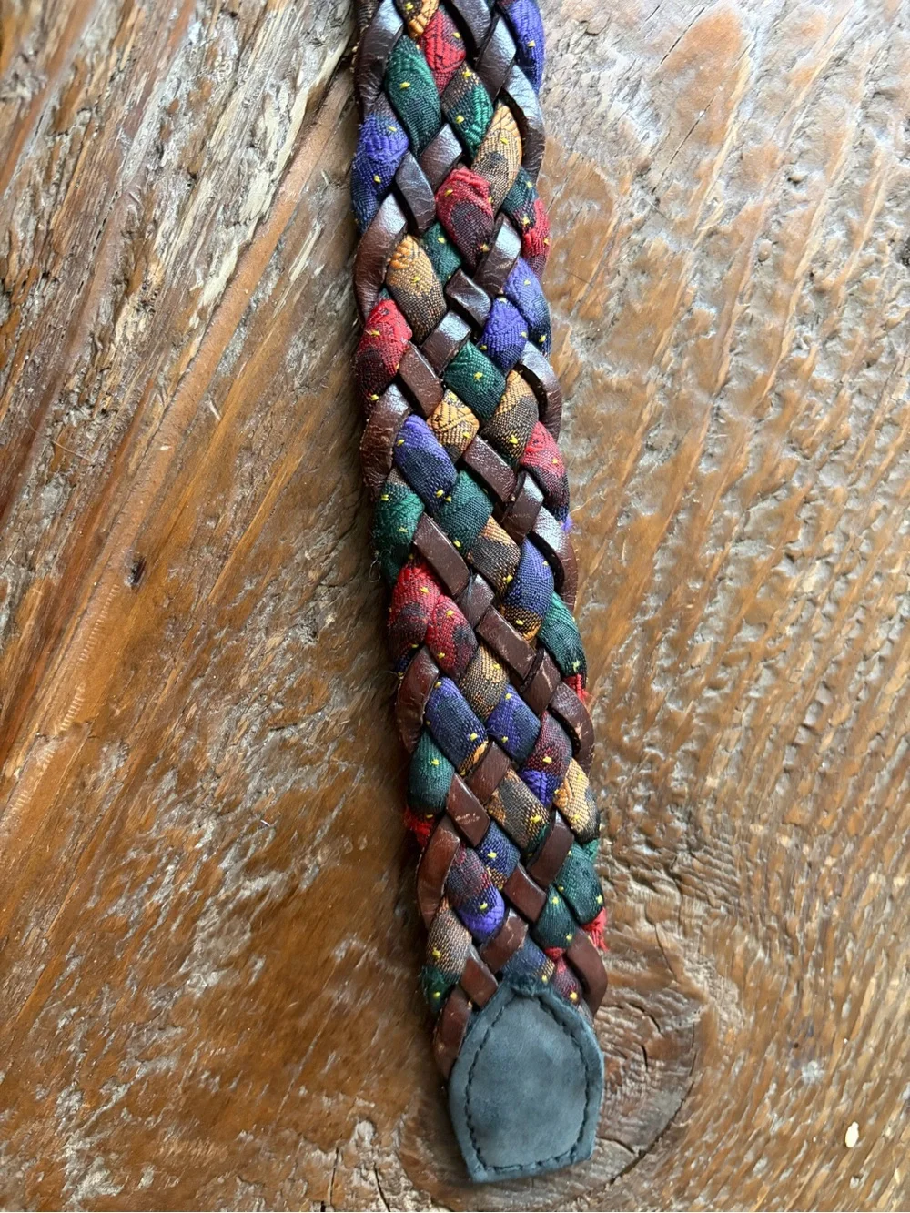 Colorful Braided Fabric Belt with Leather Tab